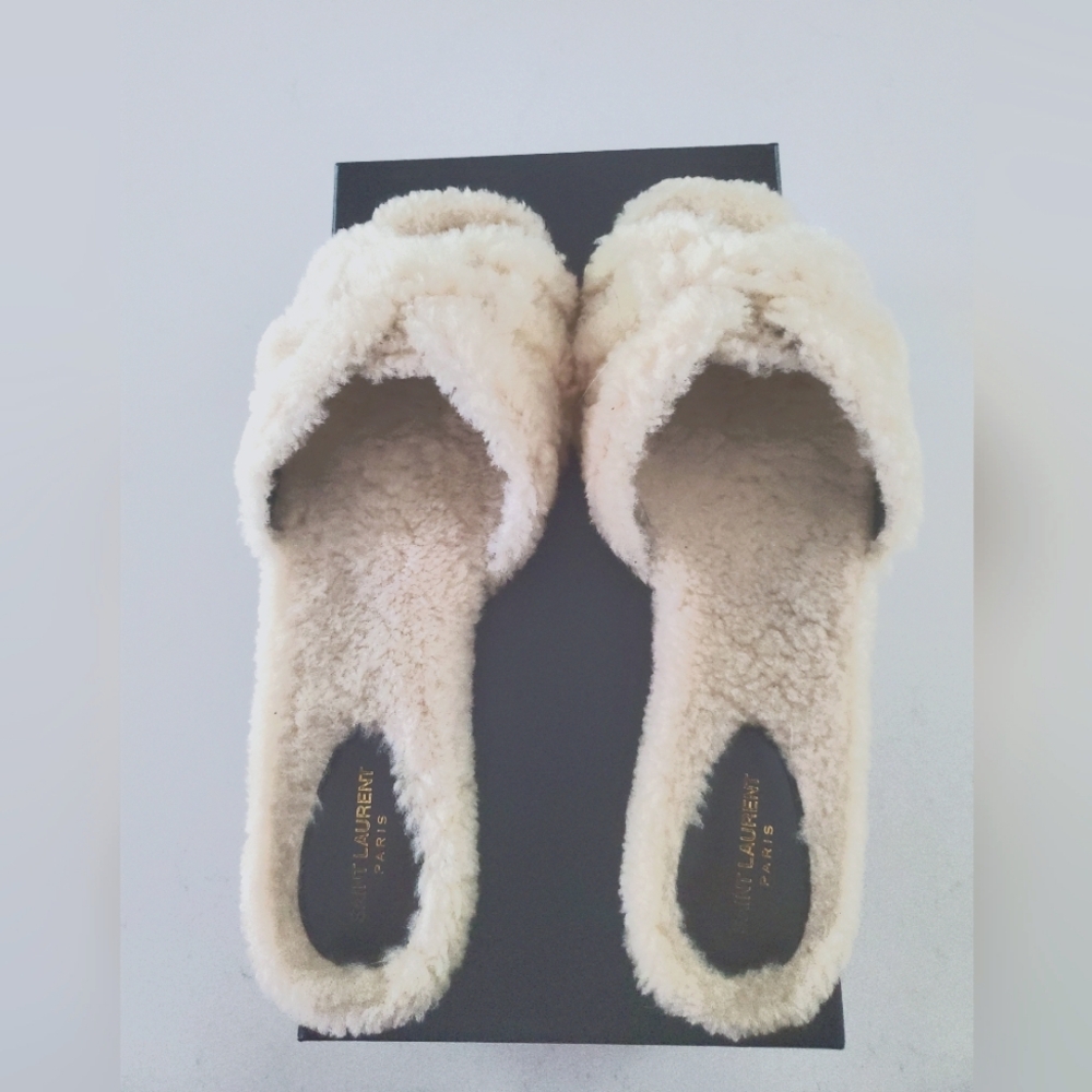 Saint Laurent Shearling Tribute Flat Sandals 40